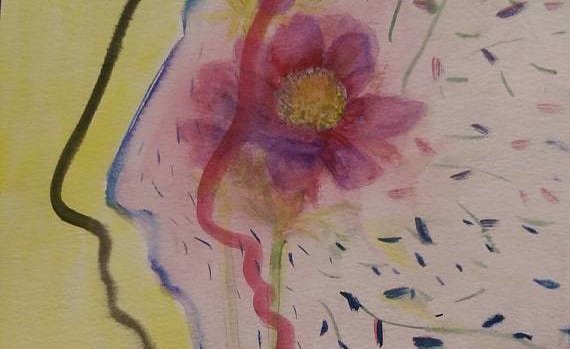 Painting of three faces, their eyes merging with a flowerhead