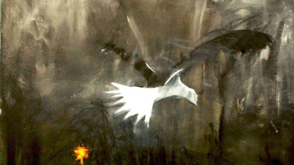 Painting of a white bird with black wings flying away into the night with thin orange burst of light below