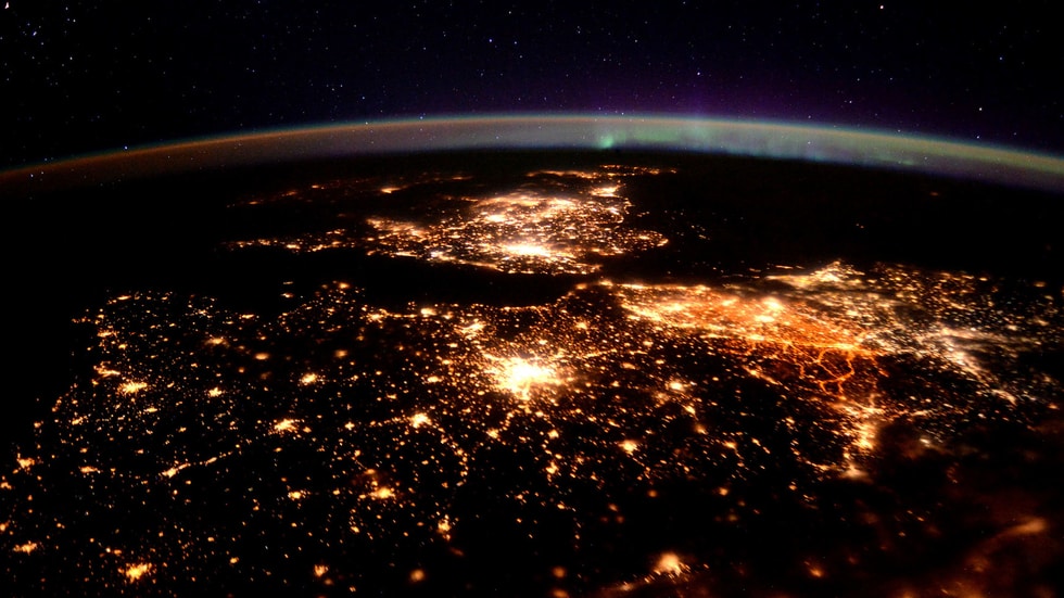 Streetlights of UK and northwestern seaboard of Europe seen from space at night