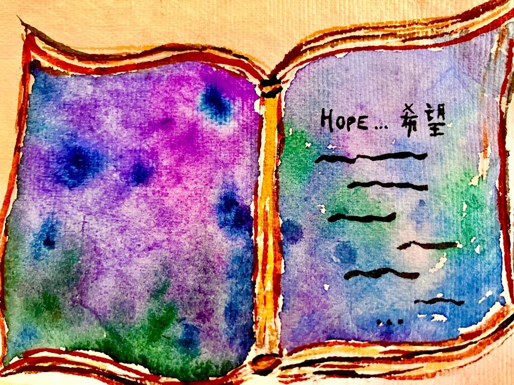 Marble painting of open book showing the word Hope in English and Chinese