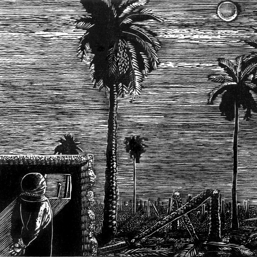 Etching showing bound and blindfolded man gazing at the moon surrounded by broken palm trees