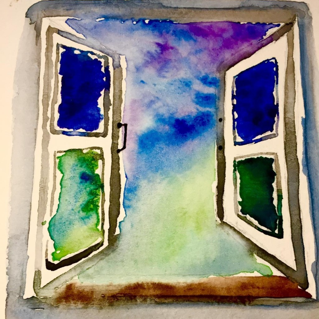 Marble painting showing window opening onto sky