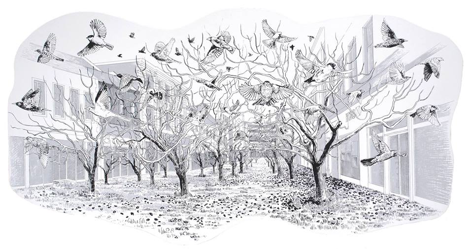 Screenprint showing urban high street overgrown with an orchard full of birds taking flight