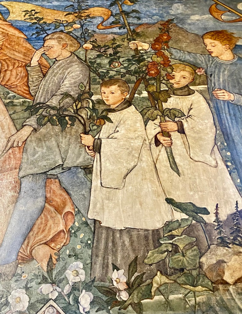 Part of a mural showing two choirboys and a woman holding small branches, and a man rubbing his eyes in a rural landscape