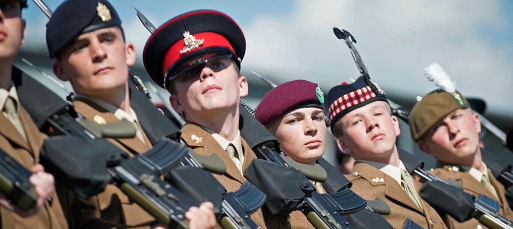 Row of teenage soldiers, eyes right
